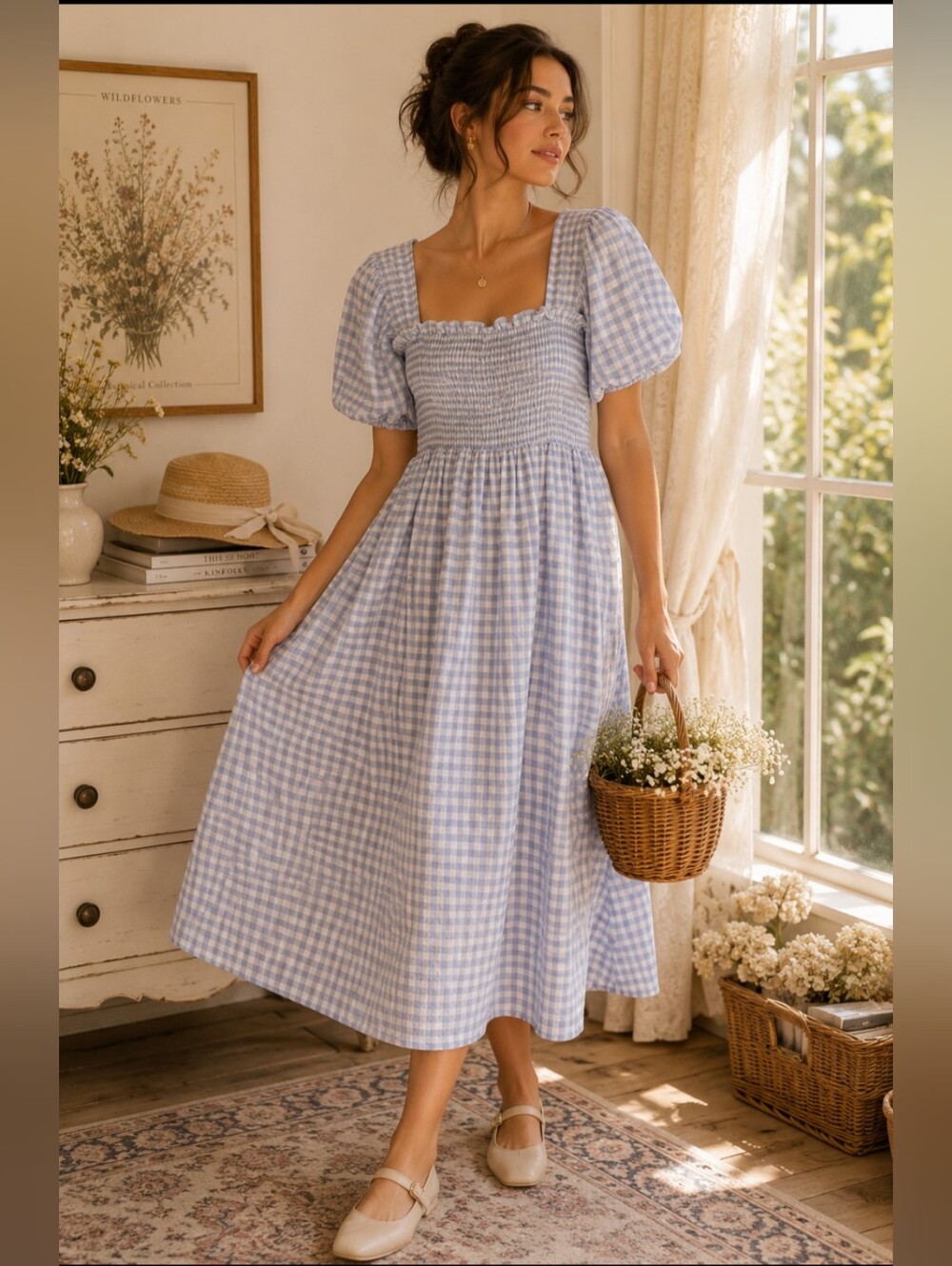 Missguided Light Blue Gingham Smocked Puff Sleeve Midi Dress Size 14 NWT